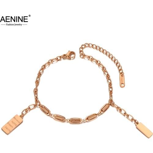 AENINE Titanium Stainless Steel Bohemia Beach Chain Link Bracelets For Women Trendy Rectangle Geometric Charm Bracelet AB20130