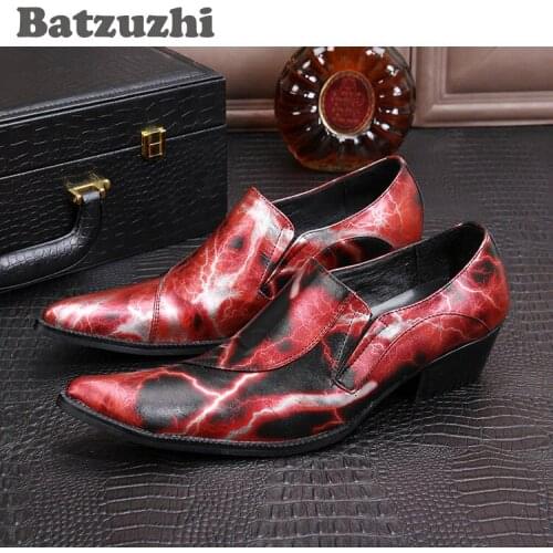 Batzuzhi Red Fashion Business Men Shoes Personalized Hairdressers Leather Shoes Lightning Leather Wedding Shoes Men, EU38-46