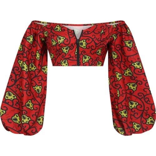 African Floral Print Blouse Women Sexy Off Shoulder Lantern Sleeve Crop Top Women Traditional Party African Dresses for Women