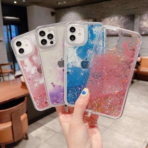 USLION Bling Liquid Quicksand Phone Case For iPhone 12 Mini 11 Pro Max SE 2020 7 8 XS XR Dynamic Love Heart Glitter Cover Case