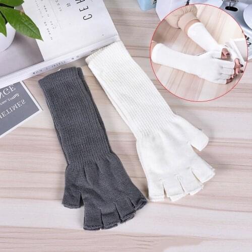 1 Pair Long Knitted Half Finger Gloves Women Girls Spring Autumn Winter Arm Warmers Pure White Black Gray Elbow Long Gloves
