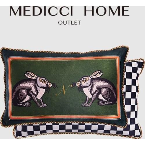 Medicci Home Velvet Lumbar Pillow Case Vintage Style Double Rabbit Print Unique Design Living Room Bedroom Decor Cushion Cover