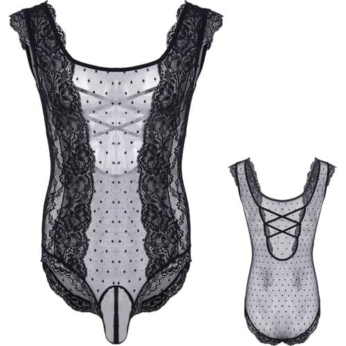 IEFiEL Mens Black One-Piece Crossdress Lingerie Floral Lace Polka Dots See Through Mesh Sissy Pouch Bodysuit Sexy Men Nightwear