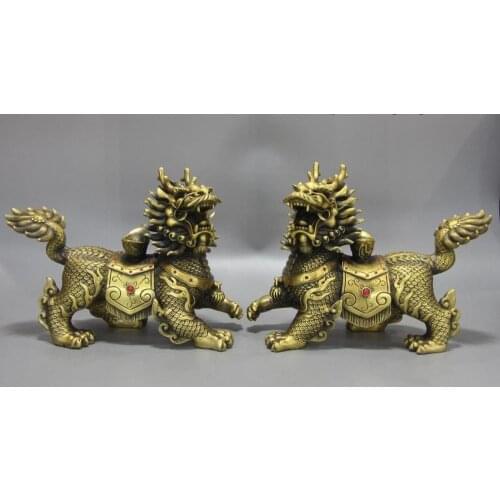 Chinese Palace Brass Yuanbao Dragon Phoenix Fu Foo Dog Lion Kirin kylin Statue