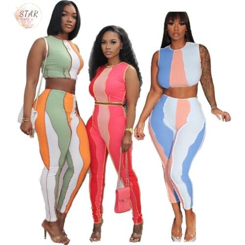 Two Piece Set Women Summer Clothes Pants Suit Patchwork Sleeveless Crop Top Leggings Sets Streetwear Wholesale Dropshipping