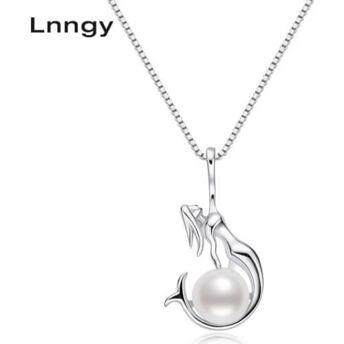 Lnngy 925 Sterling Silver Mermaid Necklace 8mm Natural Freshwater Pearl Unique Pendant Necklace Women Wedding Jewelry Gifts