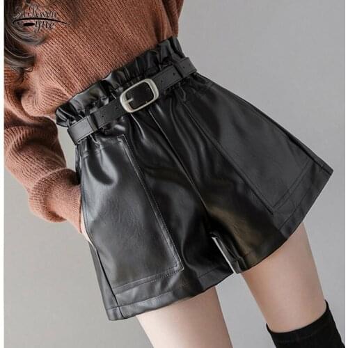 Fashion Black PU Leather Shorts Women Autumn and Winter Shorts Waistband Korean Style High Waist Wide Leg Shorts Female 11091