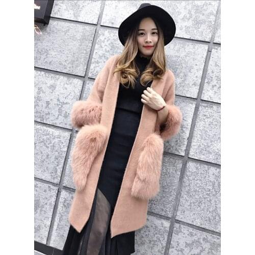 New knitted women mink cashmere sweater with big fox fur pocket female loose style fashion cardigans