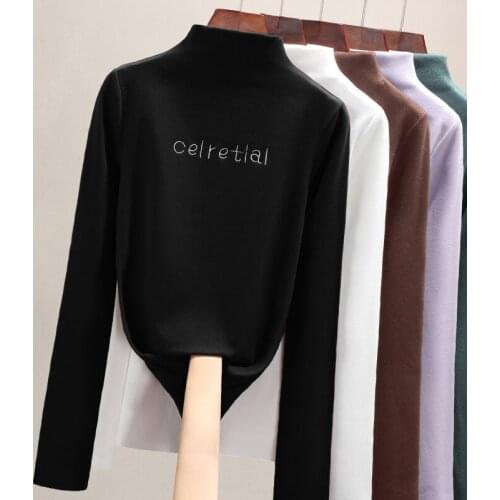 New Solid Long Sleeve Womens T-shirts Slim Black White Fashion Half High Neck Warm Top Ladies Winter Plus Velvet Bottoming Shirt