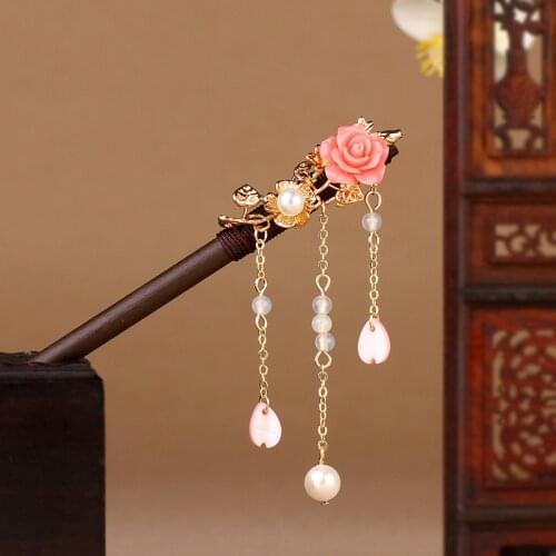 Original Ornament Handmade Hairpin Ancient Style Coiled Wood Hairpin Pink Flower Tassel Move New Style