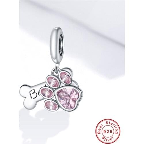Original 100% 925 sterling silver pink zircon dog paw beads fit Pan bracelet charm jewelry woman DIY exquisite gift making