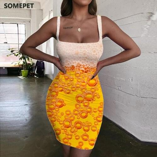 SOMEPET Beer Dresses Women Bubble Bodycon Dress Painting Halter Sleeveless Harajuku Sundress Womens Clothing Summer Beach