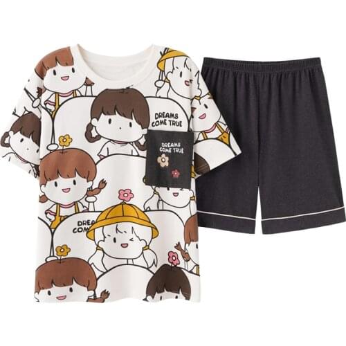 BZEL 2021 Summer Cotton Women Pajamas Loose Pyjamas Short Sleeves Suit 2pcs Simple Cartoon Girl Print Sleepwear Female Home Wear