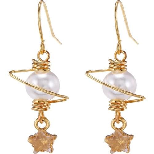 Gold Plated Korean Universe Planet Star Drop Earrings For Women Aesthetic Star Dangle Earrings Femme Simulated Pearl Jewelry