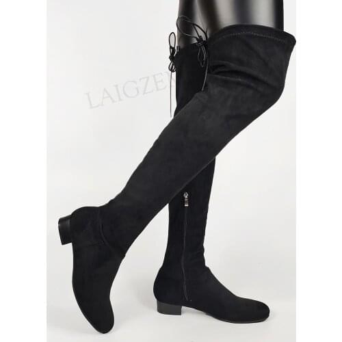 LAIGZEM Women Over Knee High Boots Low Chunky Heels Side Zip Boots Ladies Black Autumn Winter Girl Shoes Woman Big Size 44 47 52
