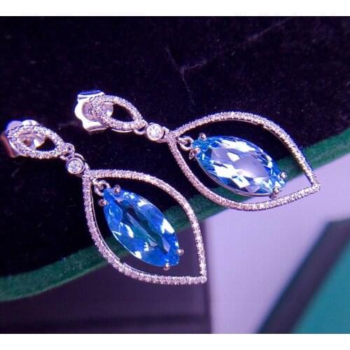 E821 Fine Jewelry Pure 18K White Gold Natural Aquamarine Gemstone 3.3ct Diamonds Females Earrings for Women FIne Earrings