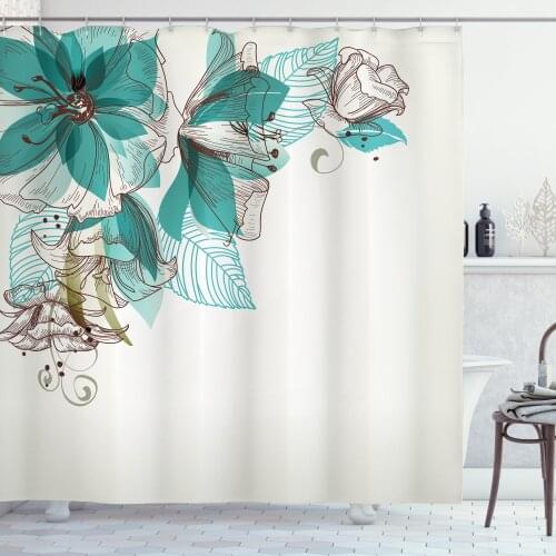 Flowers Shower Curtain Set Vintage Art Delicate Floral Blossoms Curtain for Bathroom Decor 12 Hooks Decorative Bath Accessory