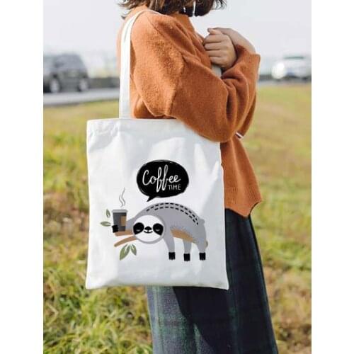 Cute Sloth Print Canvas Tote Bag Vintage Harajuku Casual Female Shoulder Bags Fun Cartoon Summer Large Capacity Ulzzang Bag