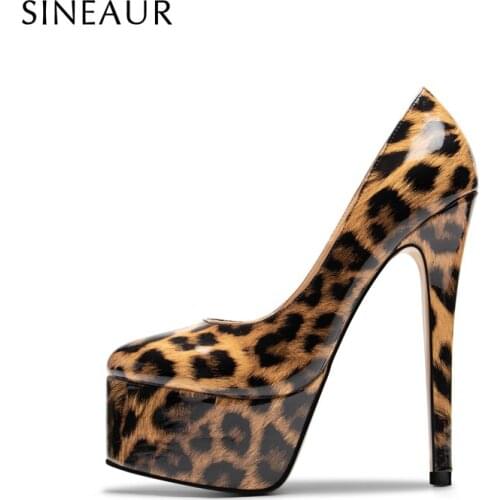 SINEAUR Shoes for women 2021 Female Super High-heel 15CM Ladies Thin Heels Round Toe Platform Pumps Leopard Print Party Dress