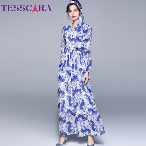 TESSCARA Women Autumn Elegant Blue Floral Dress Festa High Quality Long Maxi Party Robe Femme Vintage Designer Chiffon Vestidos