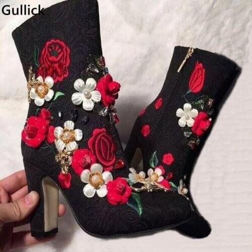 Real Photo High Quality Black Ankle Boots Crystal Flower Boots Thick Heel Jeweled Embroidery Hot Selling For Women 2018