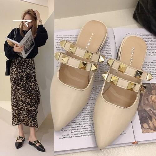 Studded Ribbon Pointed Toe Flat Shoes Ladies Slippers Rock Style Comfortable and Luxury Brand Design, Spring 2021