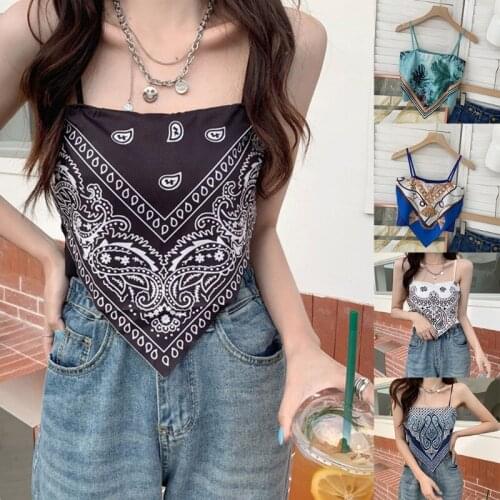 Women Summer Spaghetti Strap Tube Top Boho Paisley Leaves Print Slim Bandeau Camisole Sexy Backless Asymmetrical Vest
