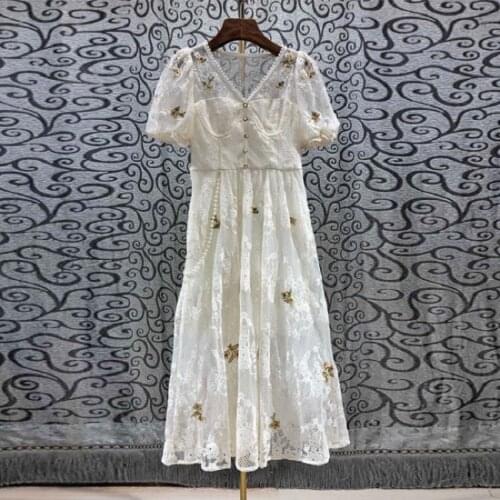 Top Quality Lace Dress 2021 Summer Party Events Women V-Neck Lurex Embroidery Beading Buttons Deco Short Sleeve Mid--Calf Dress