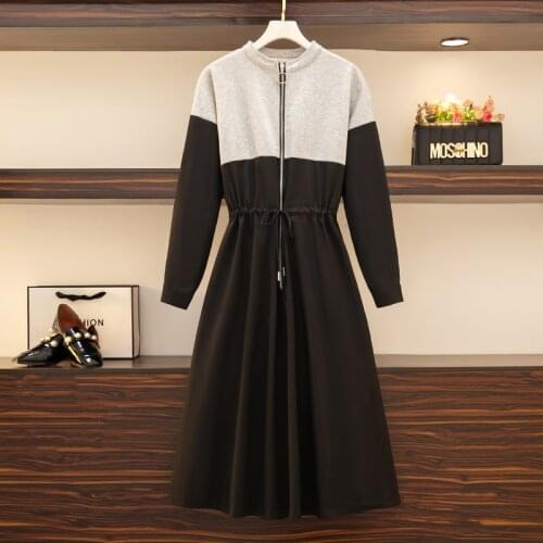 4XL plus size women Patchwork Sweatshirts dress autumn winter 2021 long sleeve o neck zipper loose casual dresses clothing