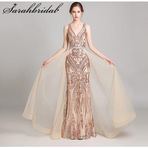 Elegant Evening Dresses V Neck Sleeveless Floor Length Mermaid Party Gown Sequins Beaded Sashes Sexy Back Robe De Soiree 5265
