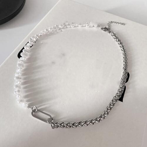 Vintage Irregular Pearl Stitching Necklaces For Women Hip-Hop Basic Punk Style Asymmetric Clavicle Chain Gothic Titanium Steel