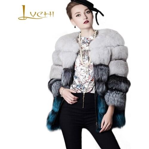 LVCHI SAGA Style Winter Thick Real Fox Coat 2019 Silver Fox Hair Blue Fox Hair Double-Faced Fur Coats Warm Fashion Women Fox Fur