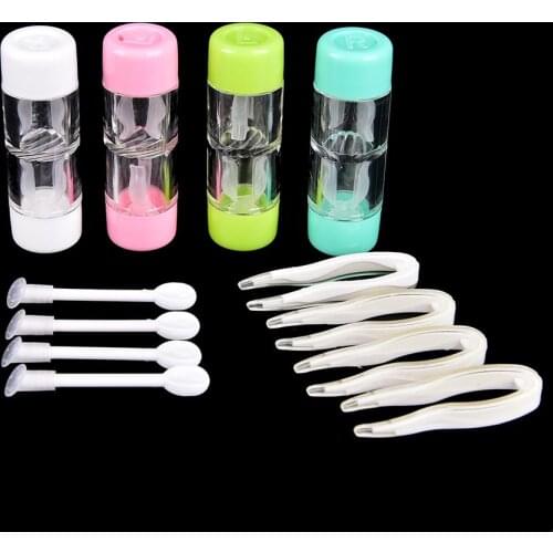 1 set Porable Travel Kit Easy Carry Soft Tip Tweezer Stick Tool Clear Eyewear Box Case Set Mini Pocket Contact Lens Case