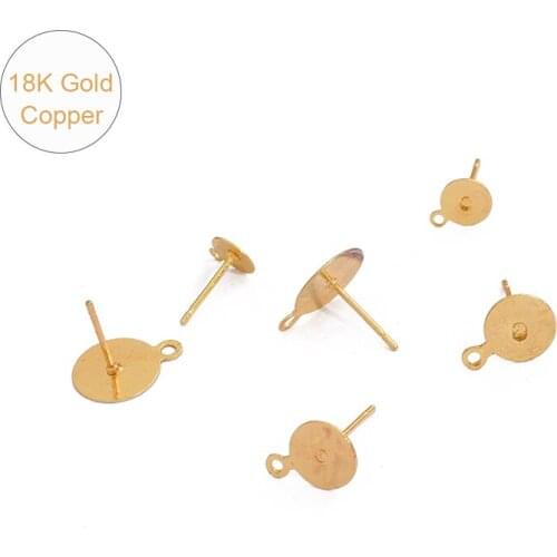 18K Gold 2Pcs Blank Earring Stud Base Fit 6mm 8mm 10mm Cabochon Cameo Settings DIY Jewelry Making Findings Accessories Supplies