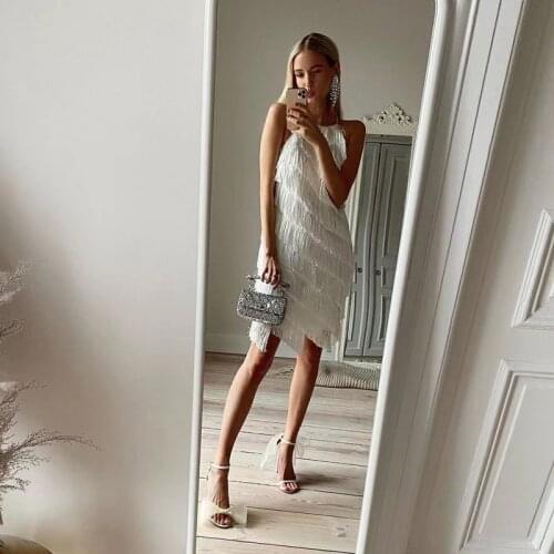 2021 White Sexy Halter Tassel Women Evening Party Dress Casual Slim Summer Korean Robe Femme Club Sleeveless Vestidos HD8425