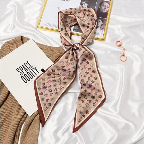 2021 New Womens Silk Stain Hair Head Scarf Headband Female Star Key Printed Neck Collar Scarves for Ladies Handbag 13*150cm