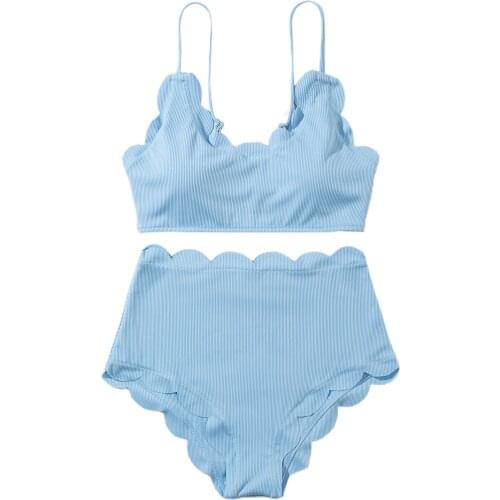 2021 Women Scalloped Textured High Waisted Bikini Set Solid Two Pieces Beach Bathing Suits Swimwear Lace Biquinis Bathing Suits