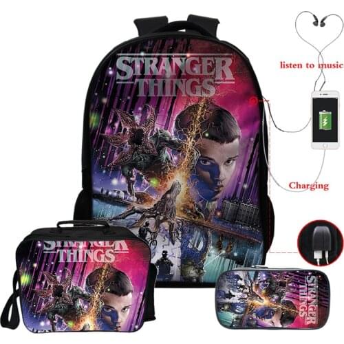 Cartoon Stranger Things Backpack Boys Girls 3 PCS Set USB Charge Rucksack Teen School Bag Bookbags School Mochila Gift Lunch Box