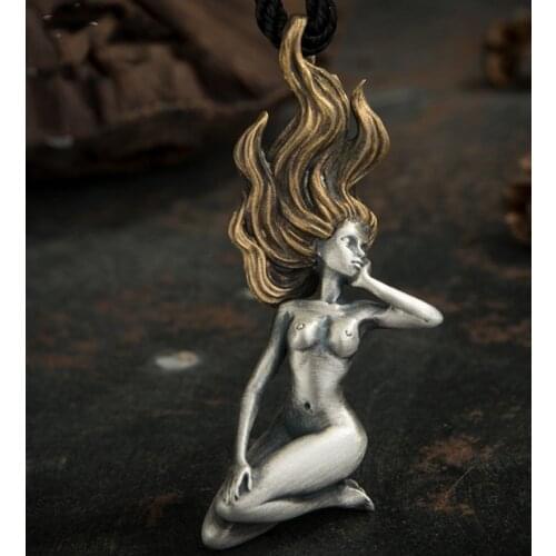 999 Sterling Silver Sexy Naked long hair Girl Pendant charm jewelry (without chain) A4224