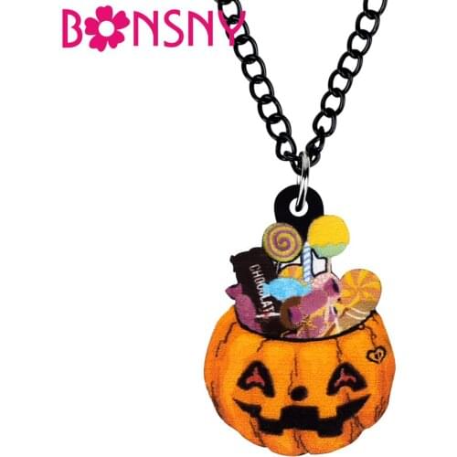 Bonsny Acrylic Halloween Candy Pumpkin Head Necklace Choker Pendant Collar Festival Jewelry For Women Teens Girls Charms Gifts