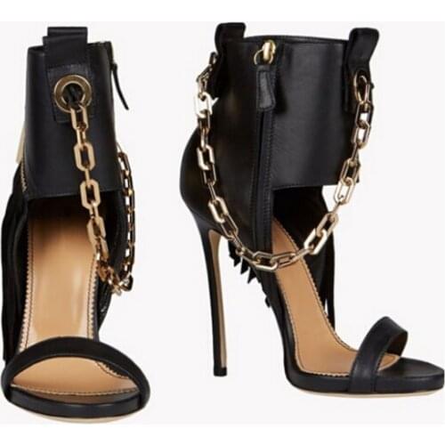 New Fashion Latest Design Black Sexy Lady High Thin Heel Sandals Metal Chains Zip Fringe Tassel Ankle Wrap Party Cool Shoes