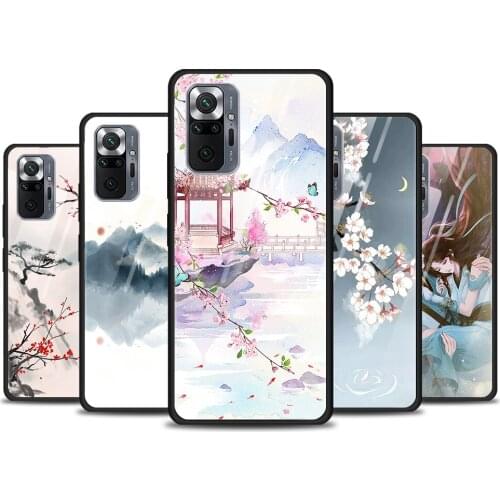 Chinese Style Scenery Tempered Glass Cover For Xiaomi Redmi Note 10 10S 9 9T 9S 8T 8 9A 9C 8A 7 Pro Max Phone Case