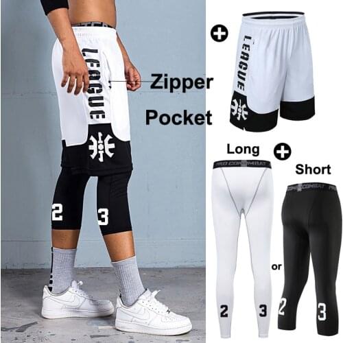 Athlete Basketball Shorts Sets , Men Quick-Dry Throwback Short Tight, Zip Pocket Shorts Basketball Male Fitness Gym Sport Tights
