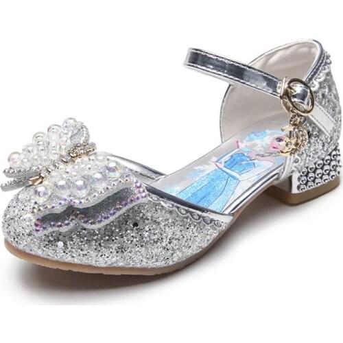 Disney Frozen Elsa Princess Girls Leather Crystal Sandals Glitter Casual High Heels Girls Sandals Pink Blue Silver Elsa Shoes