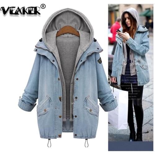 Denim Hooded Coats Women 2019 Winter Loose Windbreaker Outerwear Cowboy Coat Fake Two Piece Baggy Female Jeans Jacket M-6XL