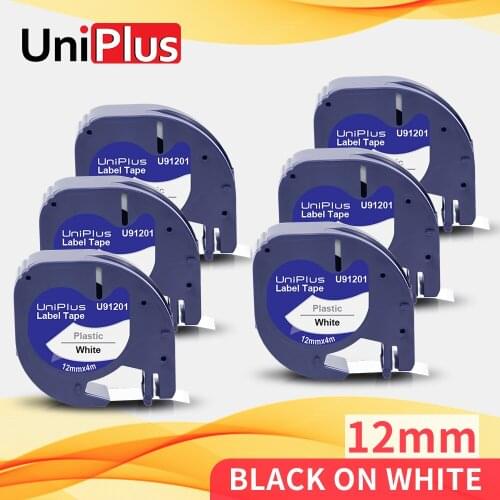UniPlus 6PK 91201 Dymo Letratag Compatible Label Tape Black on White 12mm for dymo labeller Printer Typewriter LT-100H QX 91331