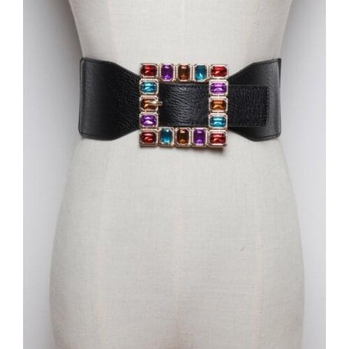Fashion Colorful Rhinestone Square Buckle Belts for women Punk Leather Elastic Wide off belt for Dress Waistband Accessories