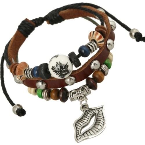 Fashion Rock Sexy Lips Charm Beads Bracelet Vintage Multilayer Leather Chain Handmade Bangle Wrap Wristbands Casual Punk Jewelry