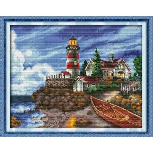 The seaside lighthouse 3 DMC Cross Stitch 11CT14CT DIY Needlework Counted Cross Stitch Kit For Embroidery Cross Craft Home Decor
