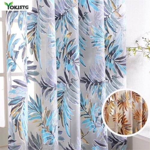 Sheer Curtains for Living Room Tropical Leaves Print Tulle Kitchen Short Sheer Tulle Curtains Room Divider Tulles for Home Decor
